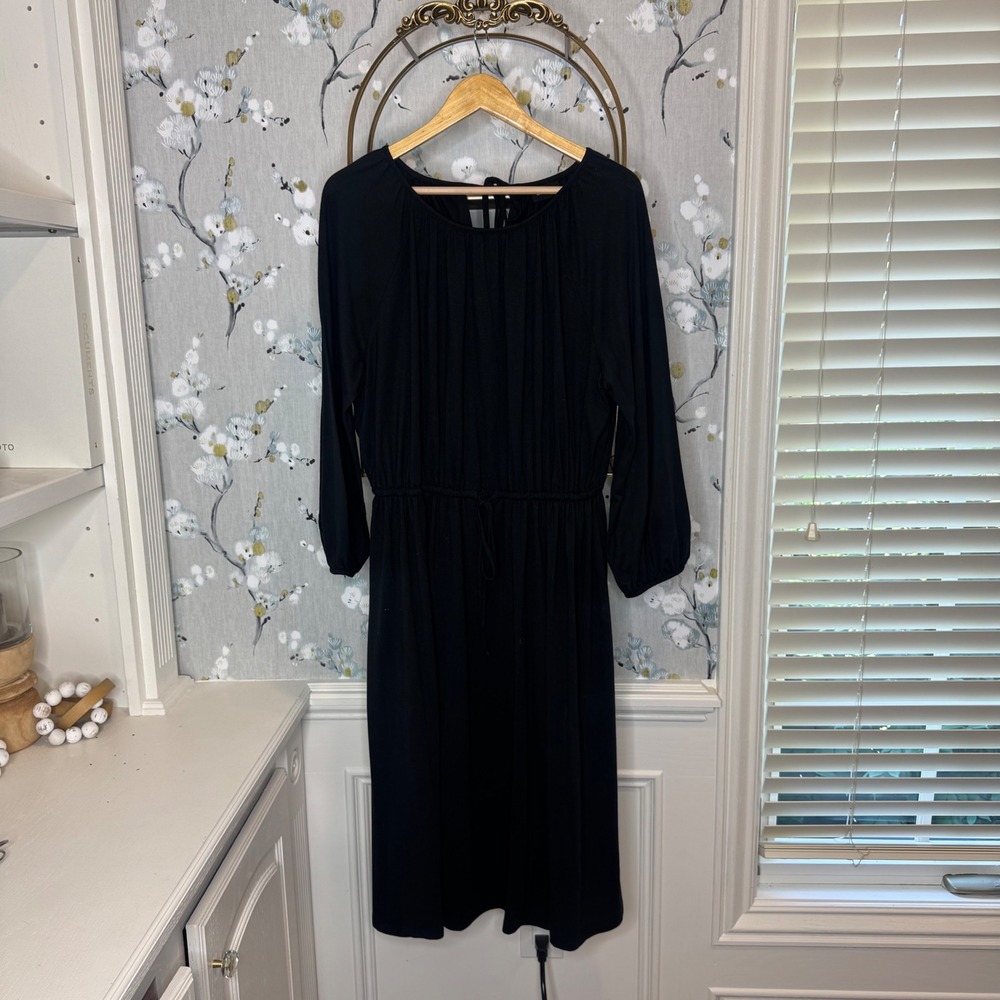 Who What Wear Black Midi Dress Womens Large Balloon Sleeve Drawstring Waist Tie